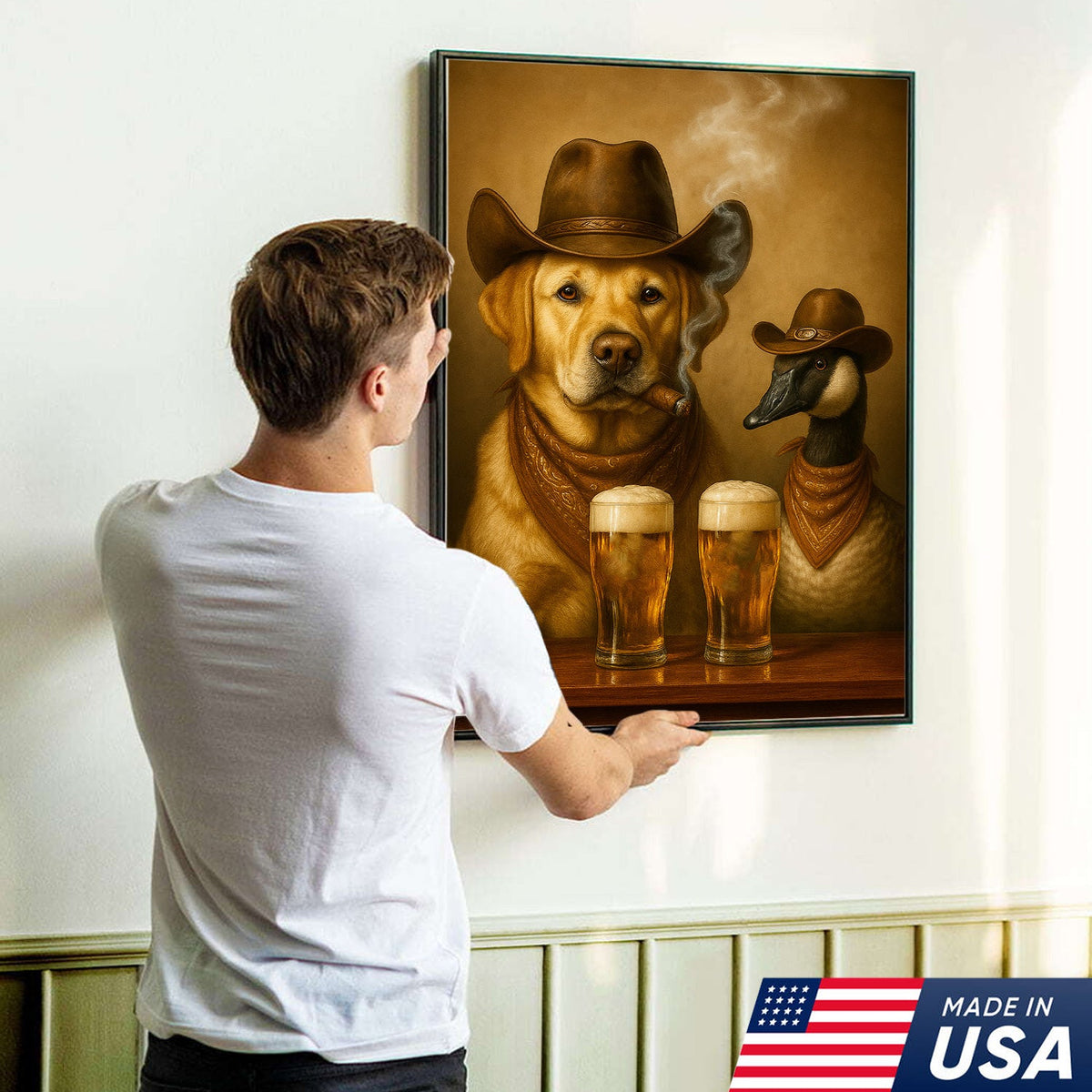 Funny Cowboy Dog & Goose Canvas Wall Art – Funny Beer & Smoking Western Decor for Hunters
