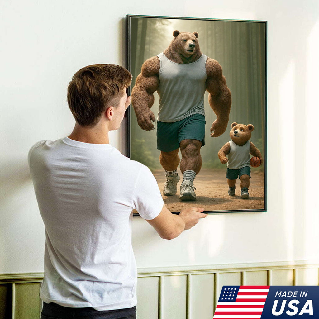 Buff Bear Dad and Cub Canvas Wall Art, Fitness Father and Son Bear Print