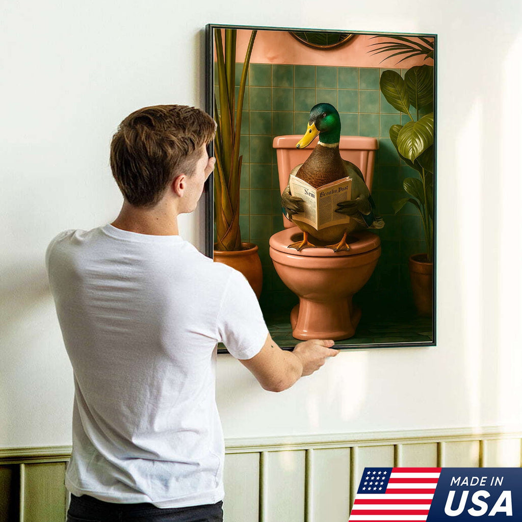 Whimsical Duck Bathroom Canvas Wall Art – Funny Rustic Lodge Decor – Mallard Reading Humor Print