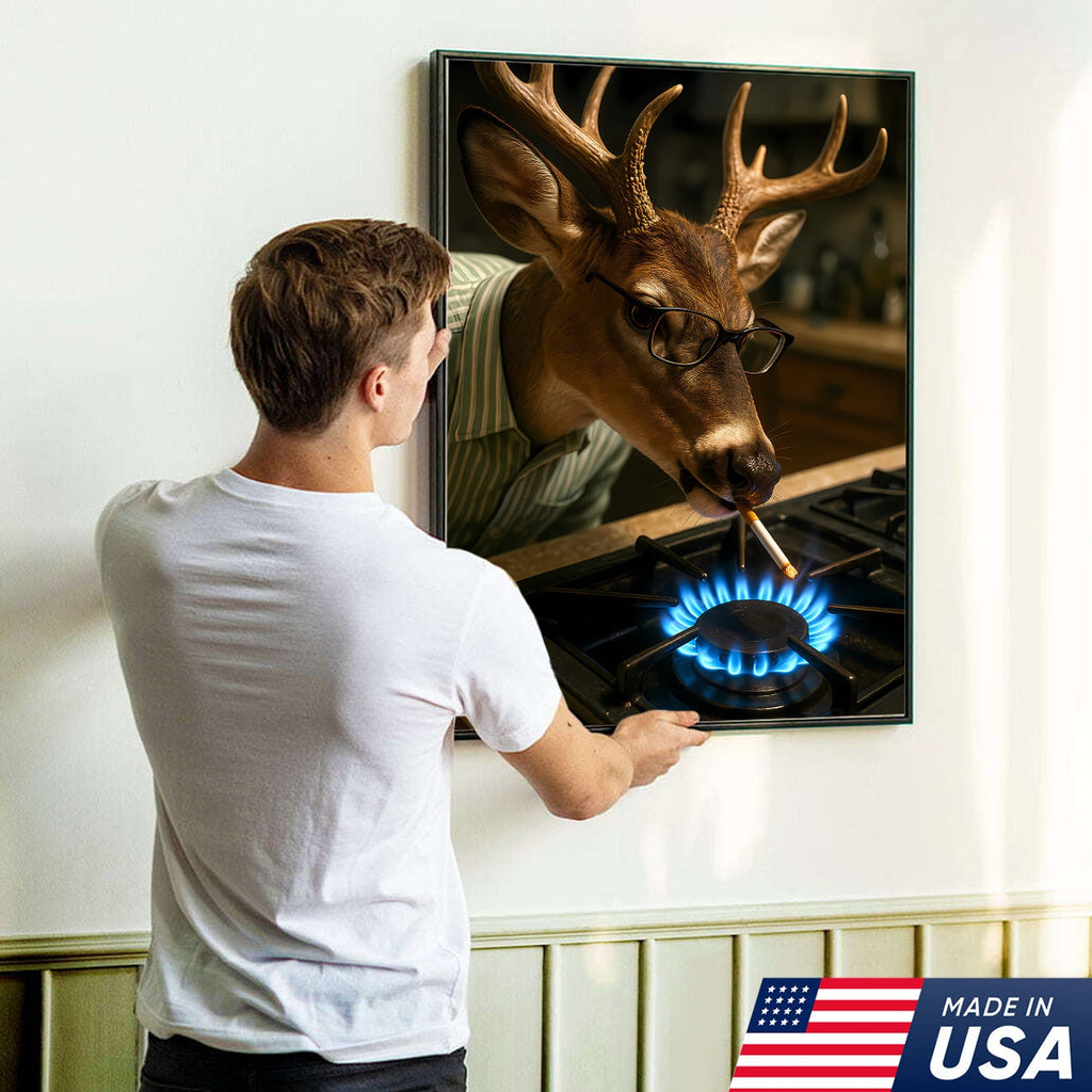 Funny Deer Smoking Canvas, Hilarious Buck Wall Art for Hunters, Rustic Cabin or Man Cave Decor