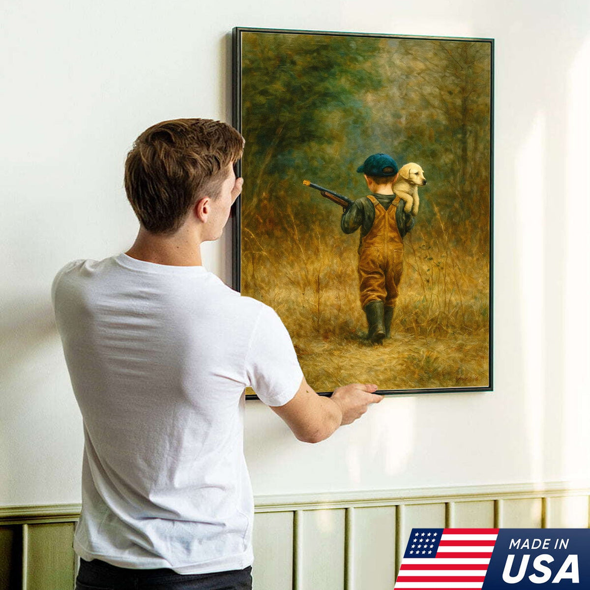 Little Hunter and Puppy Canvas Wall Art, Wholesome Boy with Dog Artwork