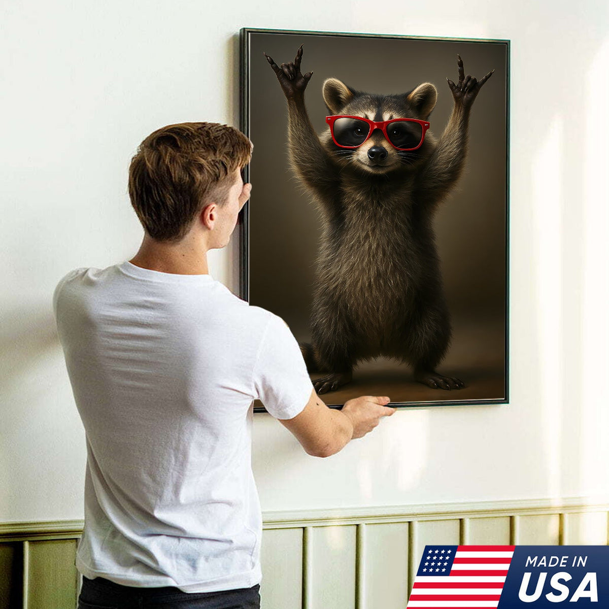 Cool Raccoon Wear Glasses Canvas Wall Art – Funny Gift for Hunters, Men & Cabin Decor