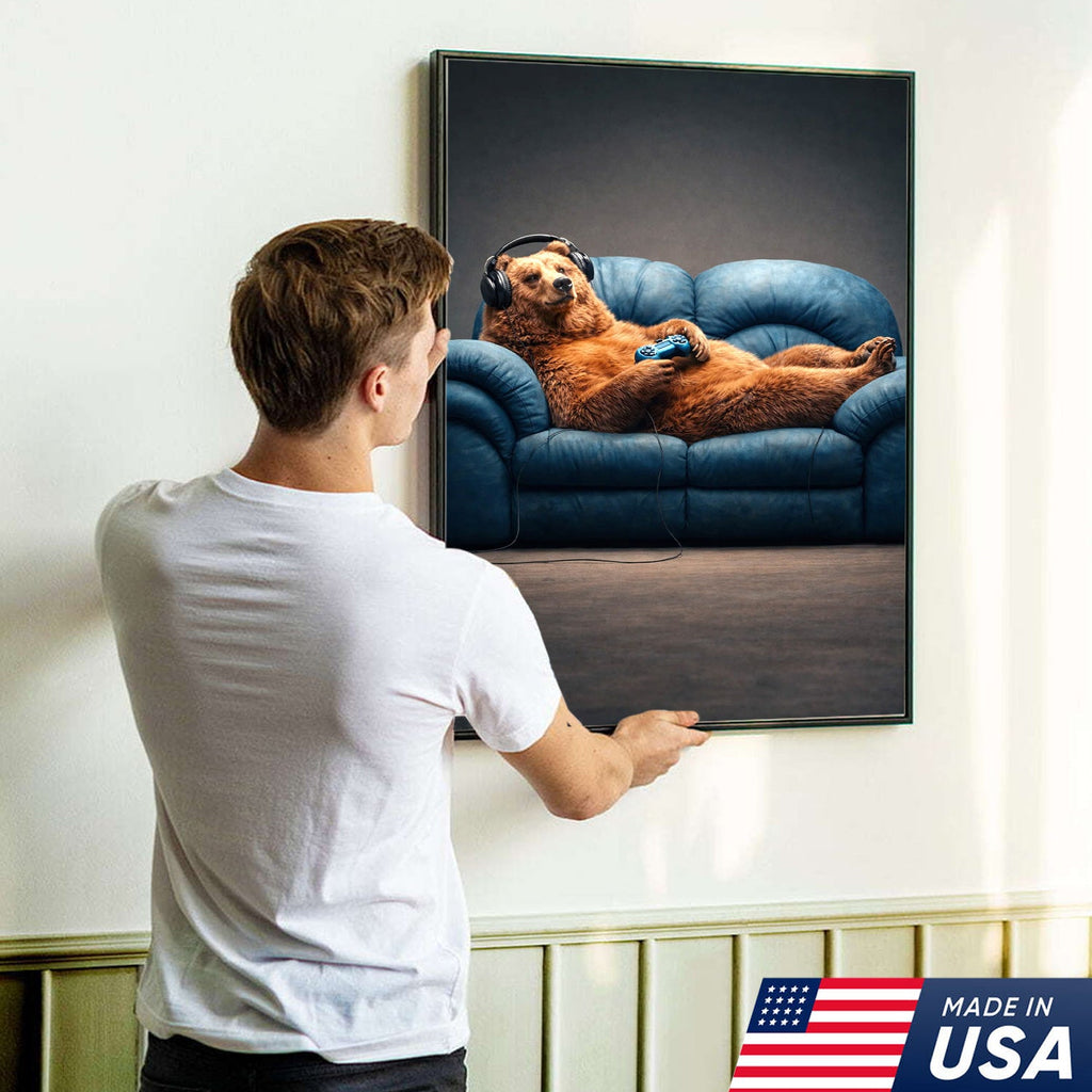 Funny Gamer Bear Wall Art Canvas Print, Relaxing Animal Gaming Illustration