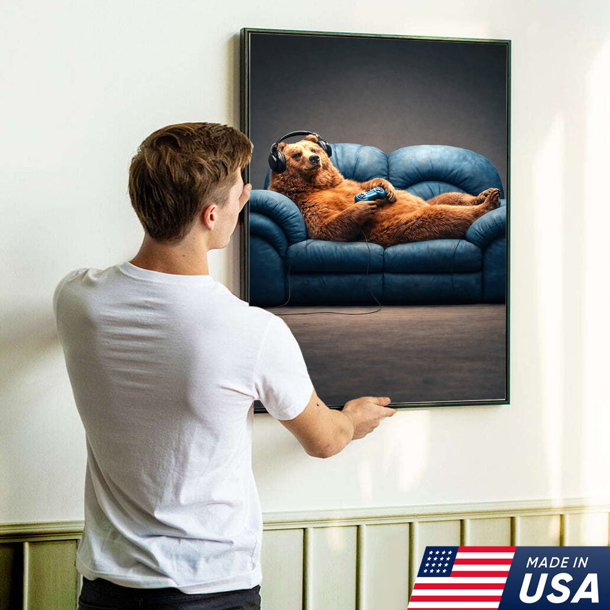 Funny Gamer Bear Wall Art Canvas Print, Relaxing Animal Gaming Illustration