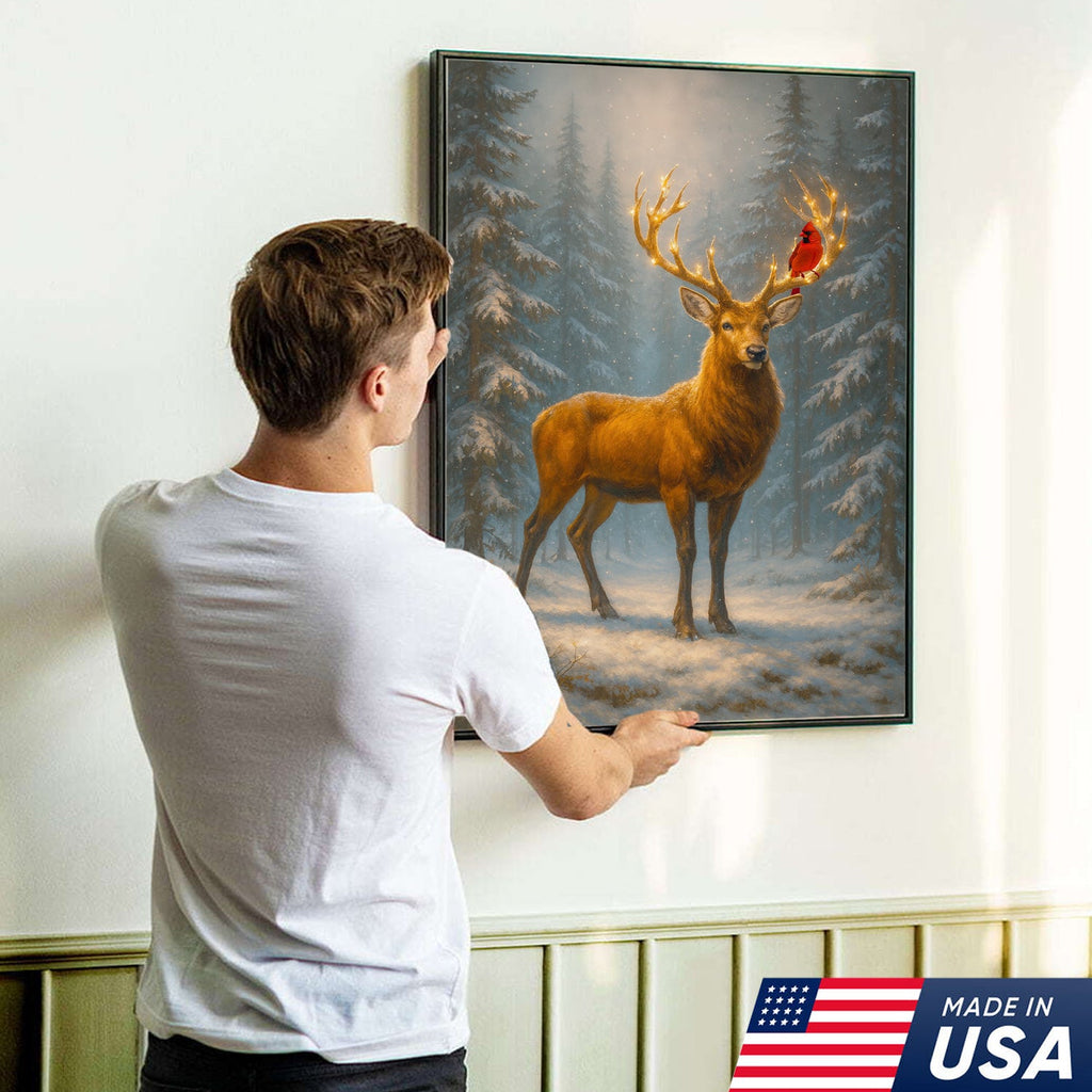 Majestic Deer Christmas Canvas Wall Art – Winter Woodland Decor, Lighted Antlers Canvas