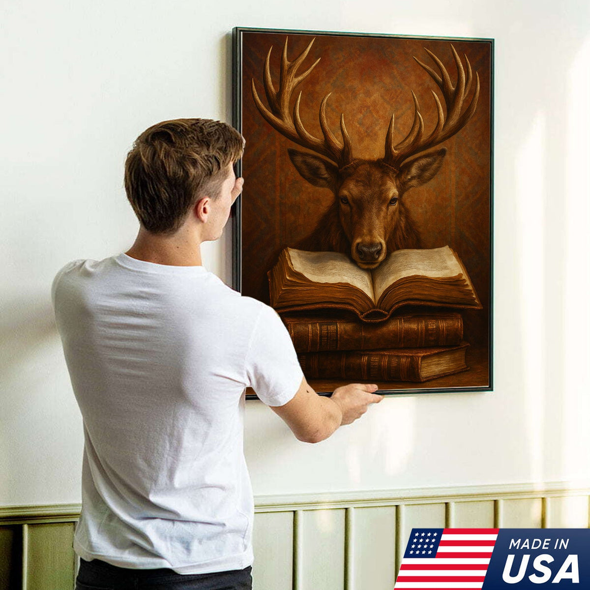 Wise Deer Canvas Wall Art – Rustic Library & Cabin Decor