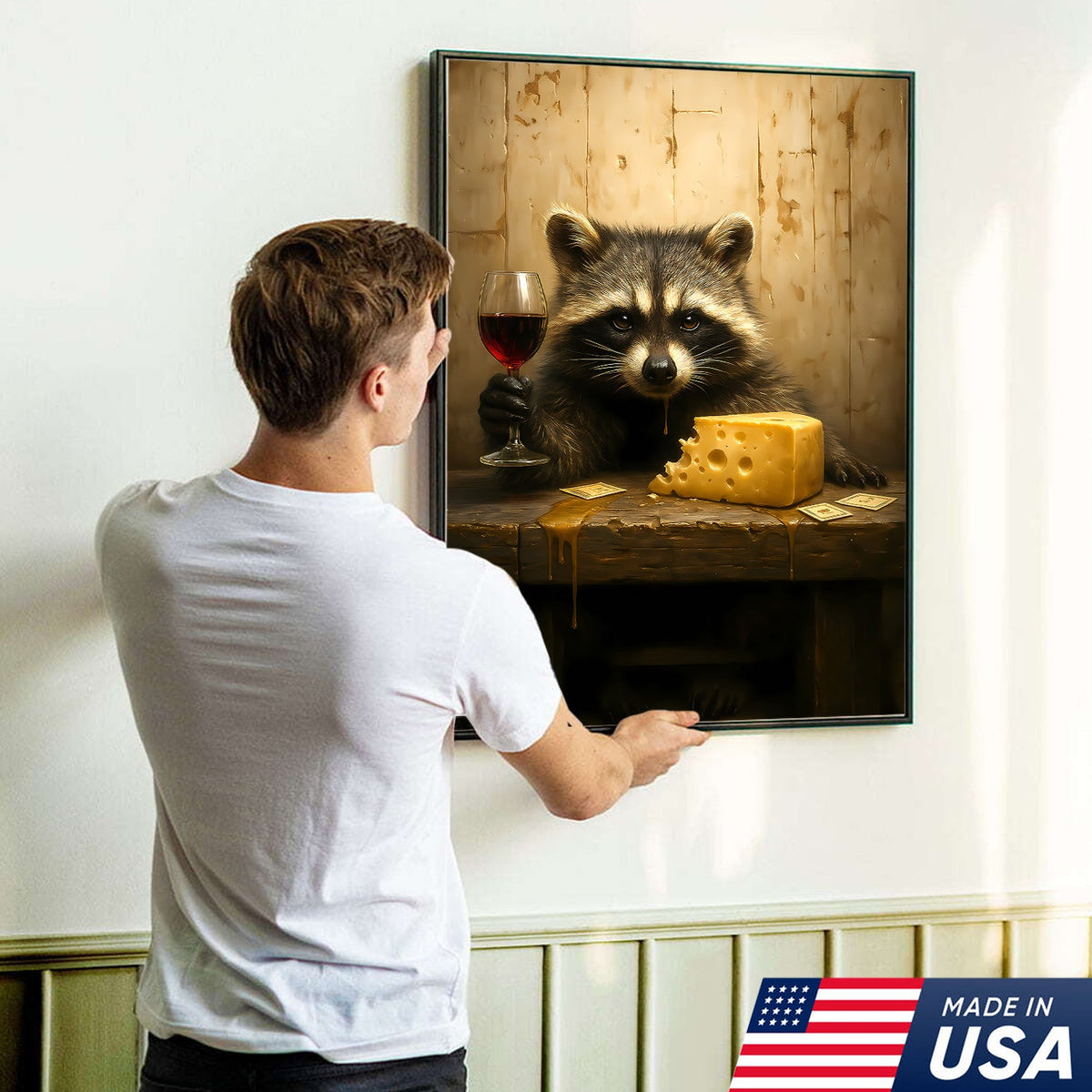 Raccoon with Wine and Cheese Canvas – Funny Bar Wall Art, Gentleman Gift for Men
