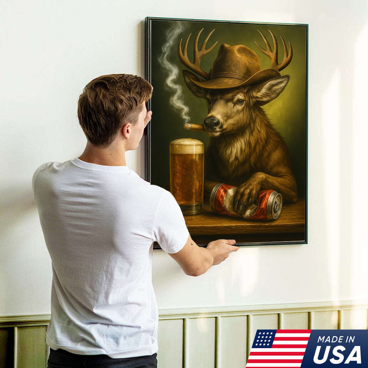 Funny Cowboy Buck Beer Canvas – Rustic Funny Wall Art Gift for Hunters, Bar Cabin & Man Cave Decor