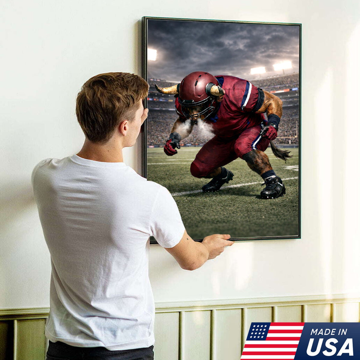 Fierce Bull Football Canvas Wall Art – Charging Horned Athlete Stadium Print