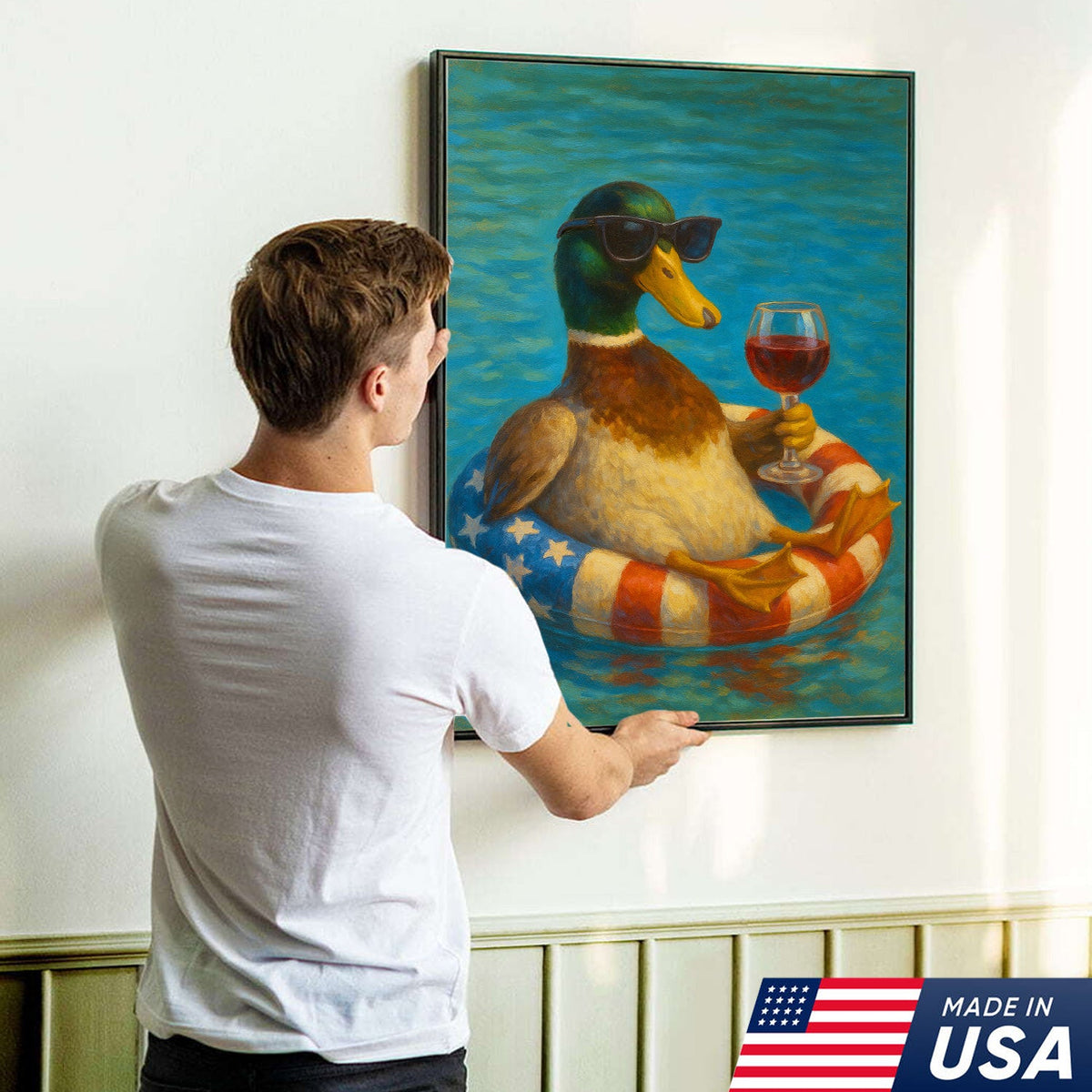 Cool Duck with Wine Canvas – Sunglasses, USA Flag Pool Float, Funny Summer Wall Art