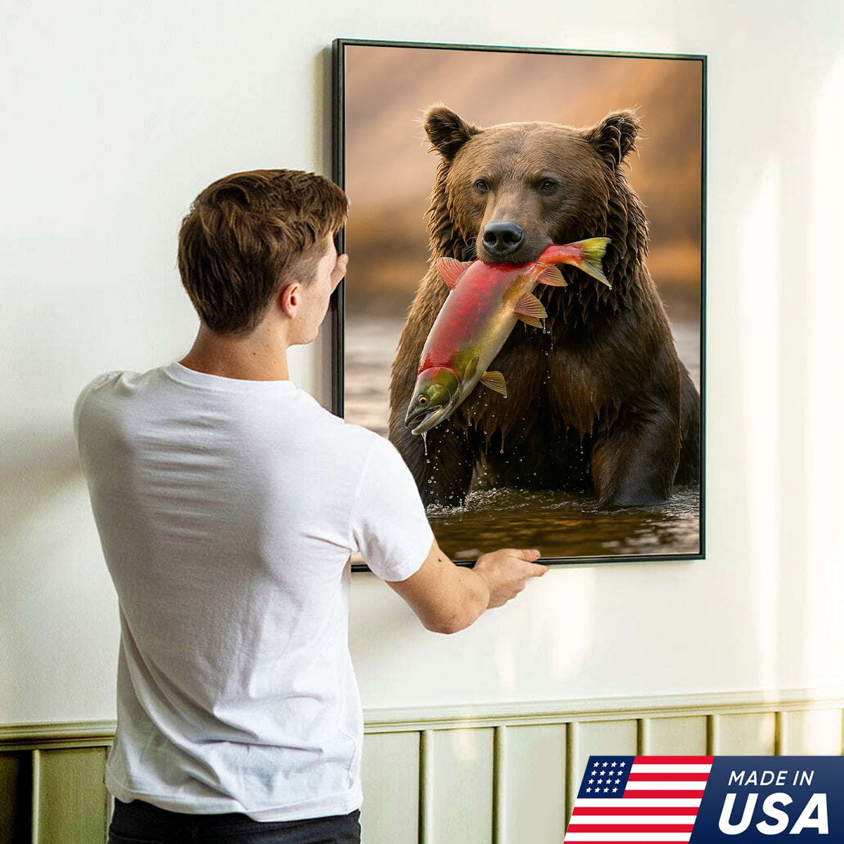Bear Catching Salmon Canvas Wall Art, Wildlife River Cabin Decor, Nature Lover Gift