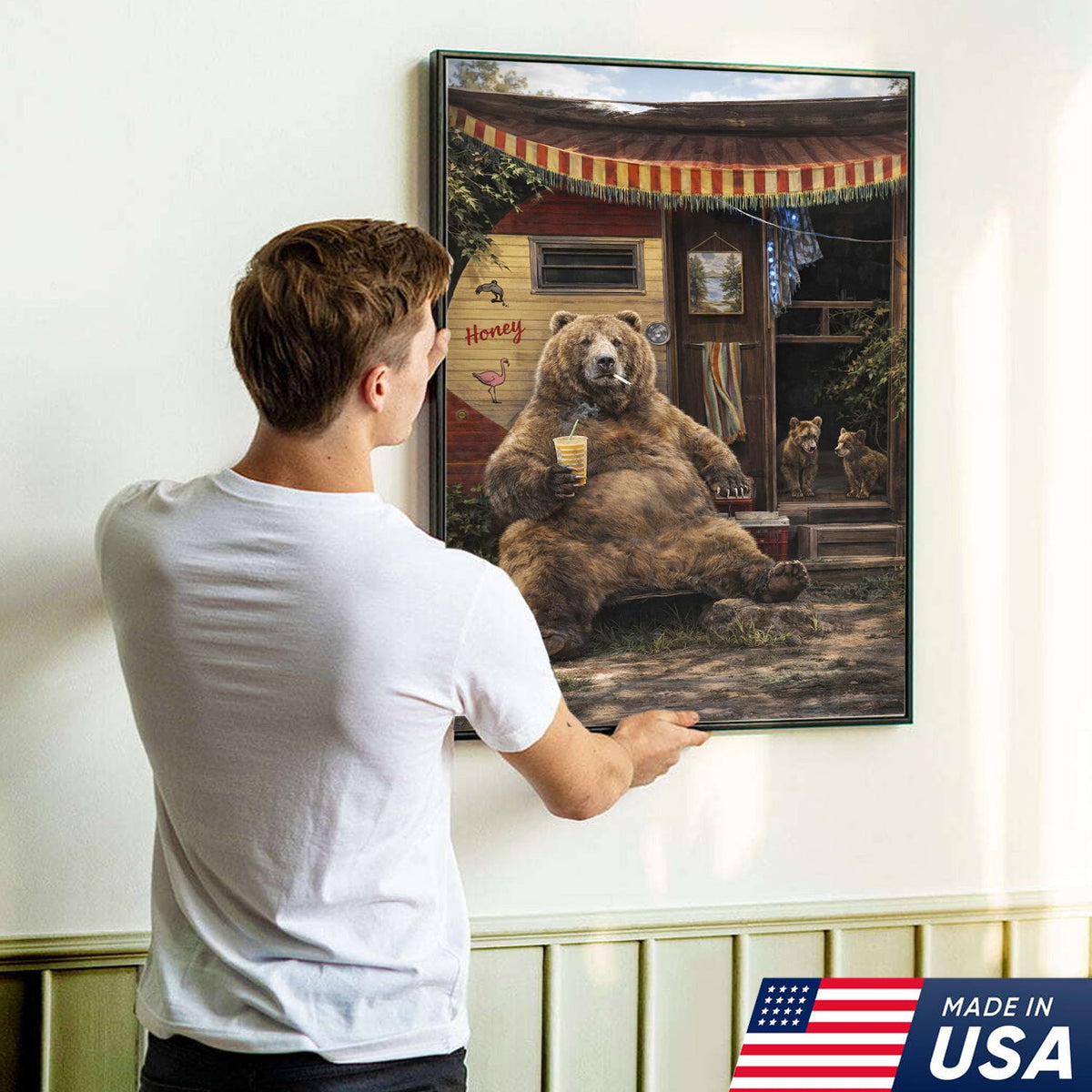 Funny Bear Camping Canvas, Rustic Cabin Wall Art, Wildlife Decor