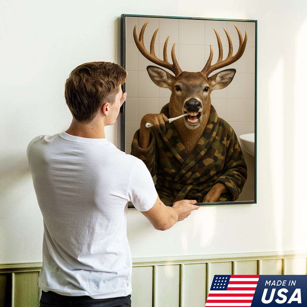 Funny Deer Brushing Teeth Wall Art – Rustic Bathroom Canvas for Cabin, Lodge & Man Cave Decor