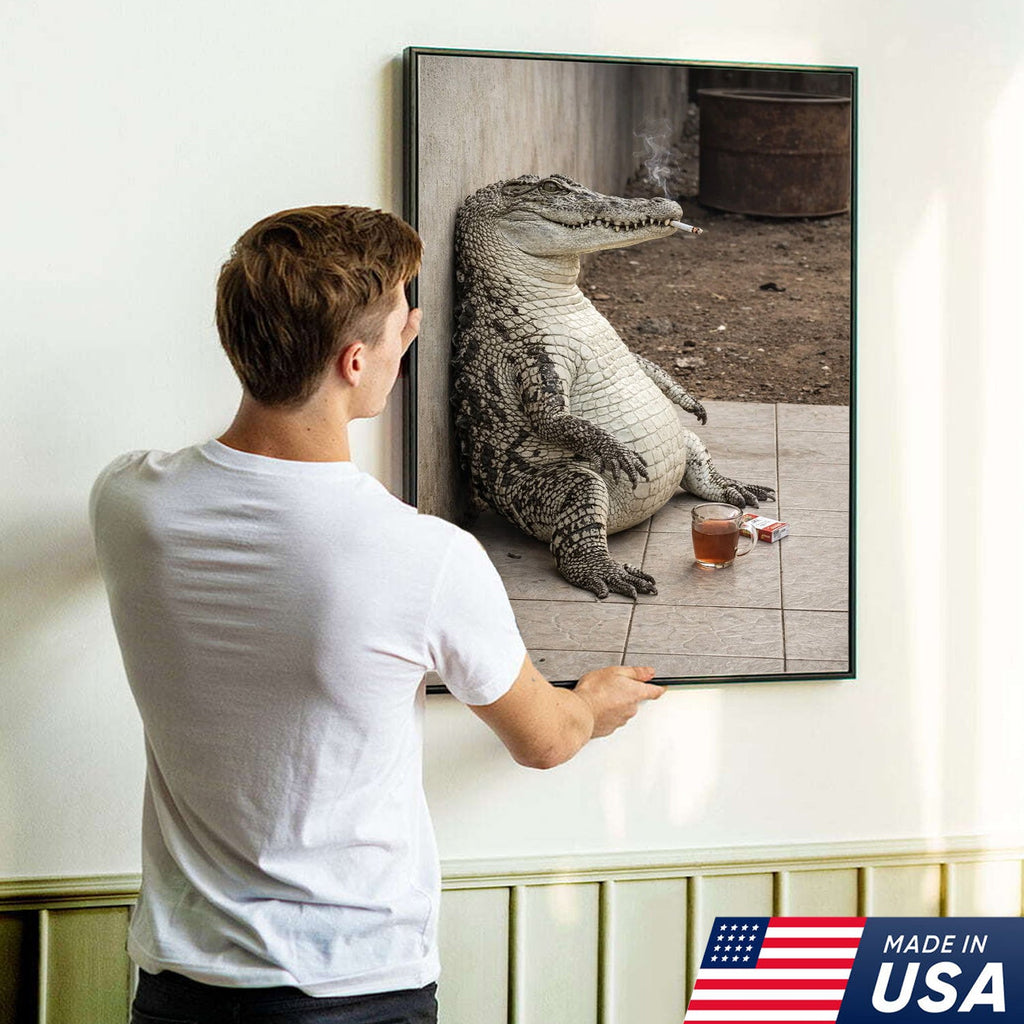 Funny Crocodile Smoking & Drinking Coffee Canvas Wall Art, Dark Humor Animal Illustration