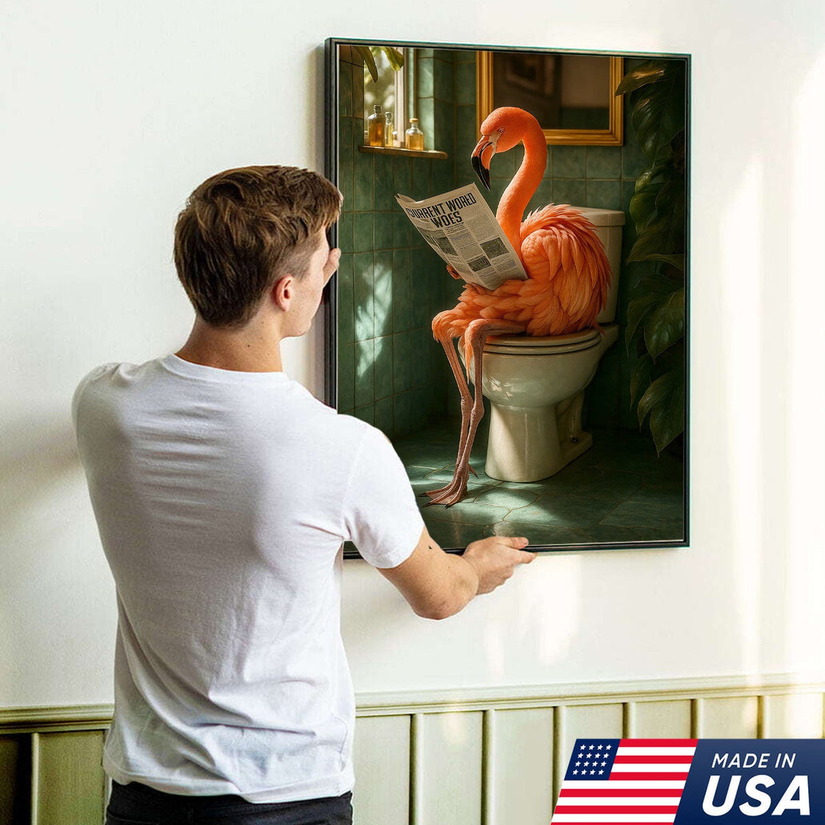 Funny Flamingo Bathroom Canvas Wall Art – Quirky Bird Reading Newspaper Print