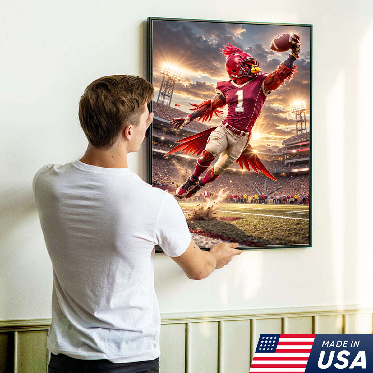 Red Cardinal Football Canvas Wall Art – Dynamic Touchdown Stadium Print