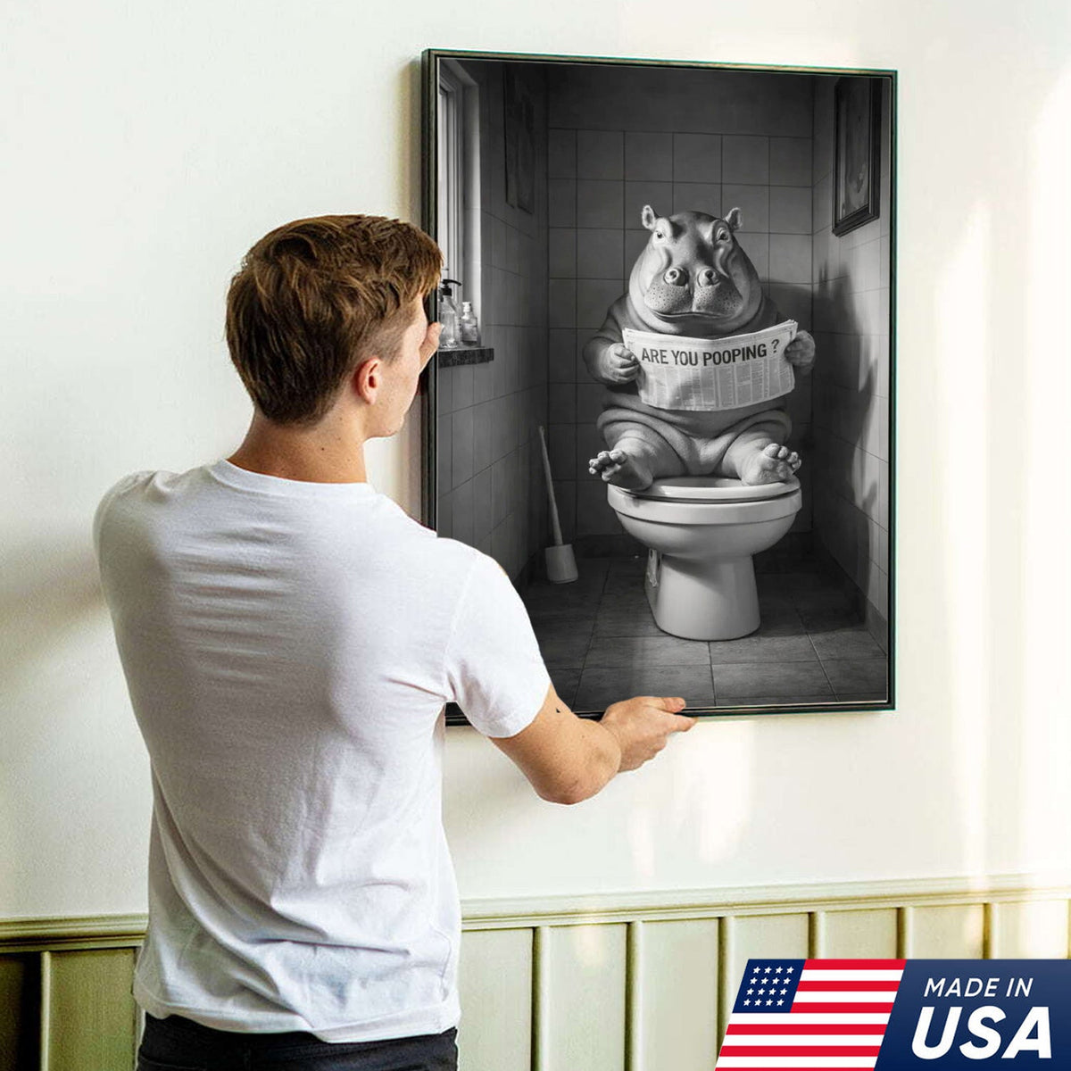 Funny Hippo Bathroom Wall Art, Are You Pooping Hippo Toilet Canvas