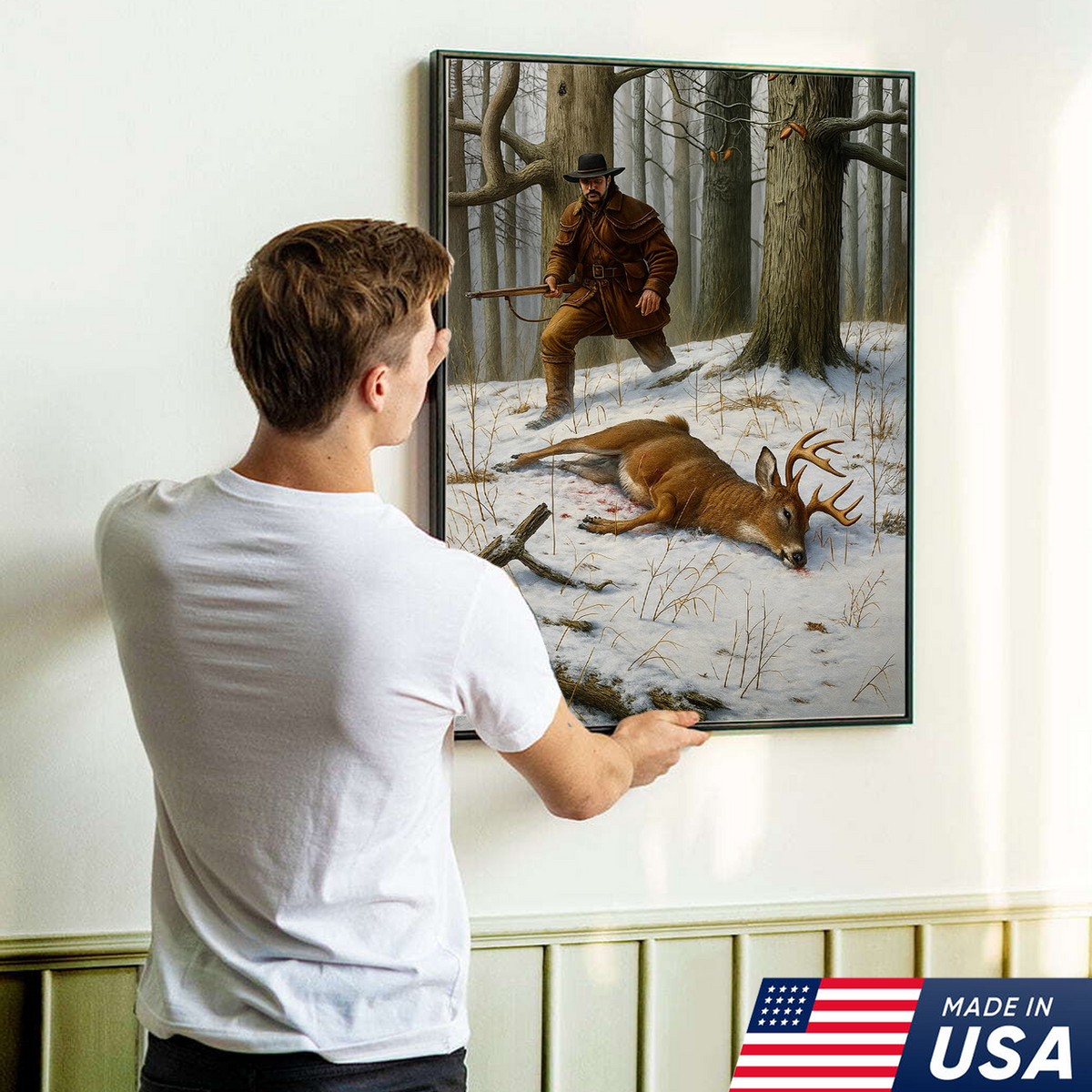 Deer Hunting Canvas Wall Art – Rustic Winter Forest Scene, Hunter with Rifle and Buck