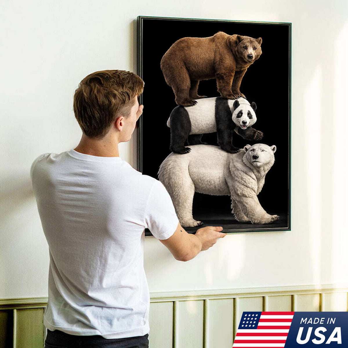 Stacked Bears Canvas Wall Art, Brown Bear Panda Polar Bear Totem Illustration