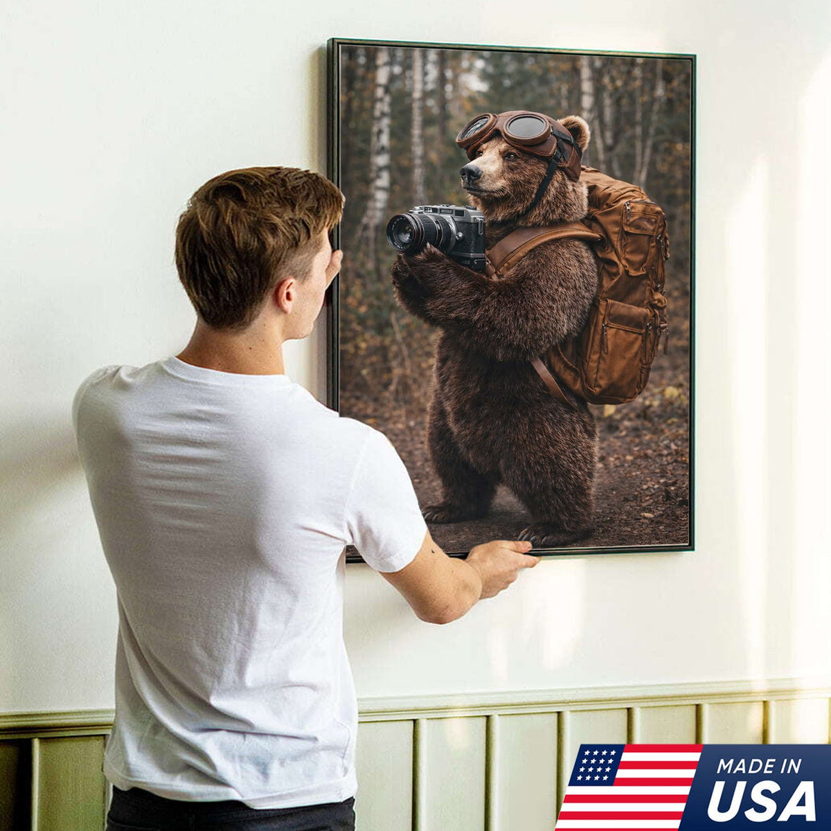 Adventure Bear Photographer Canvas Wall Art – Realistic Wildlife Explorer Print