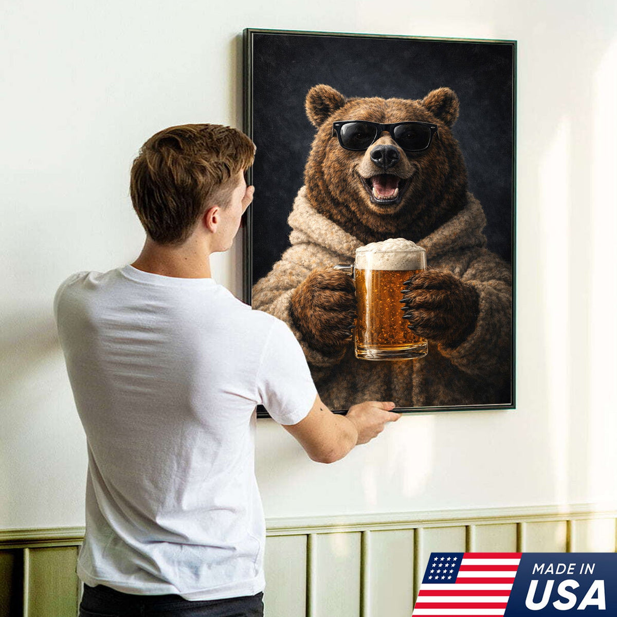 Funny Beer Bear Canvas Print Gift for Him Dad Husband Man Cave Decor