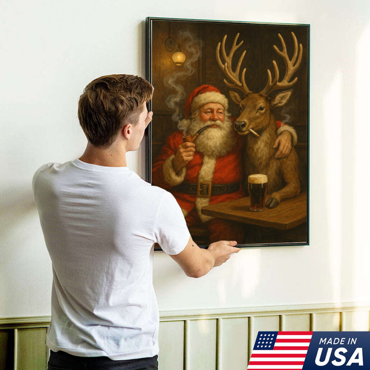 Funny Santa and Reindeer Wall Art Canvas – Rustic Christmas Lodge Decor