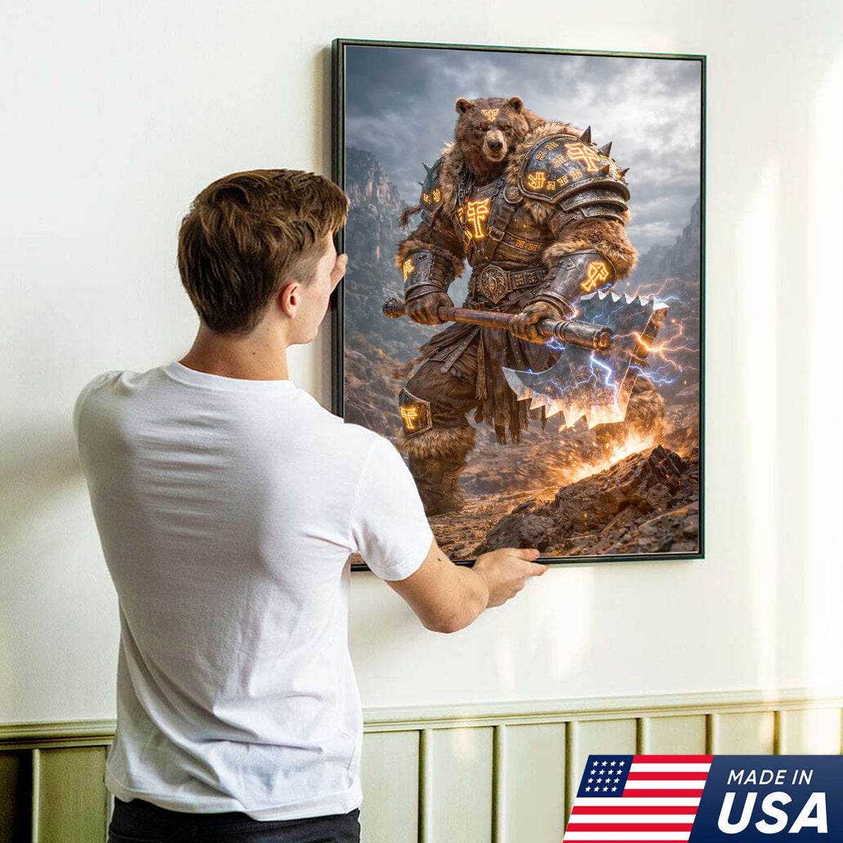 Thunder Rune Bear Canvas Wall Art – Epic Fantasy Warrior with Lightning Axe
