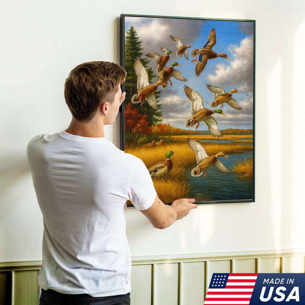 Mallard Ducks Flying Wall Art Canvas – Vintage Waterfowl Hunting Scene Canvas for Outdoorsmen
