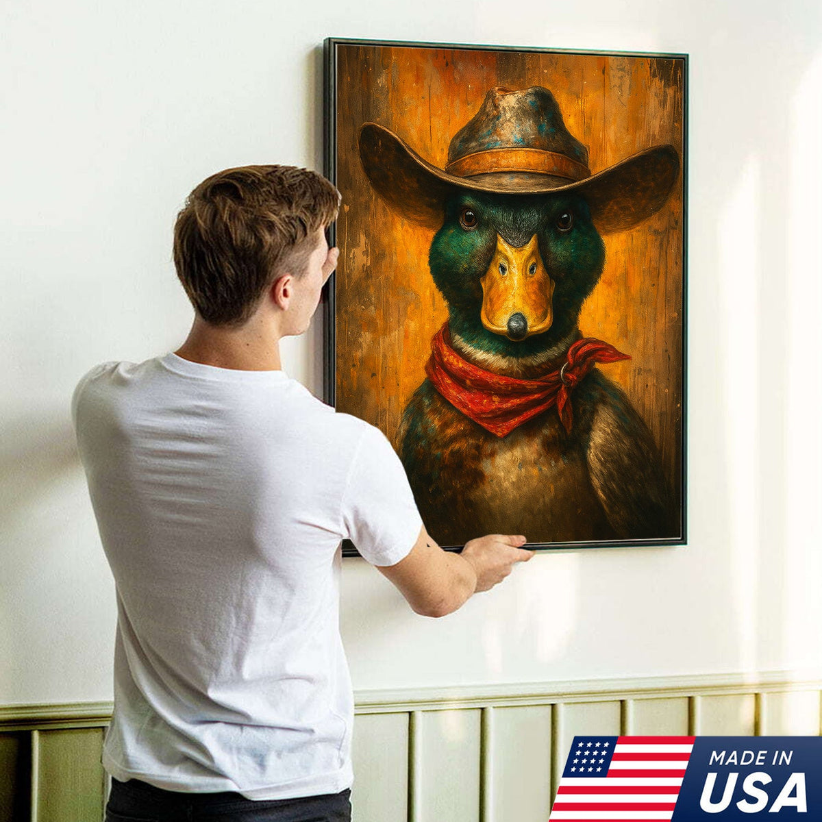 Cowboy Duck Portrait Canvas – Rustic Western Wall Art for Man Cave & Lodge Decor