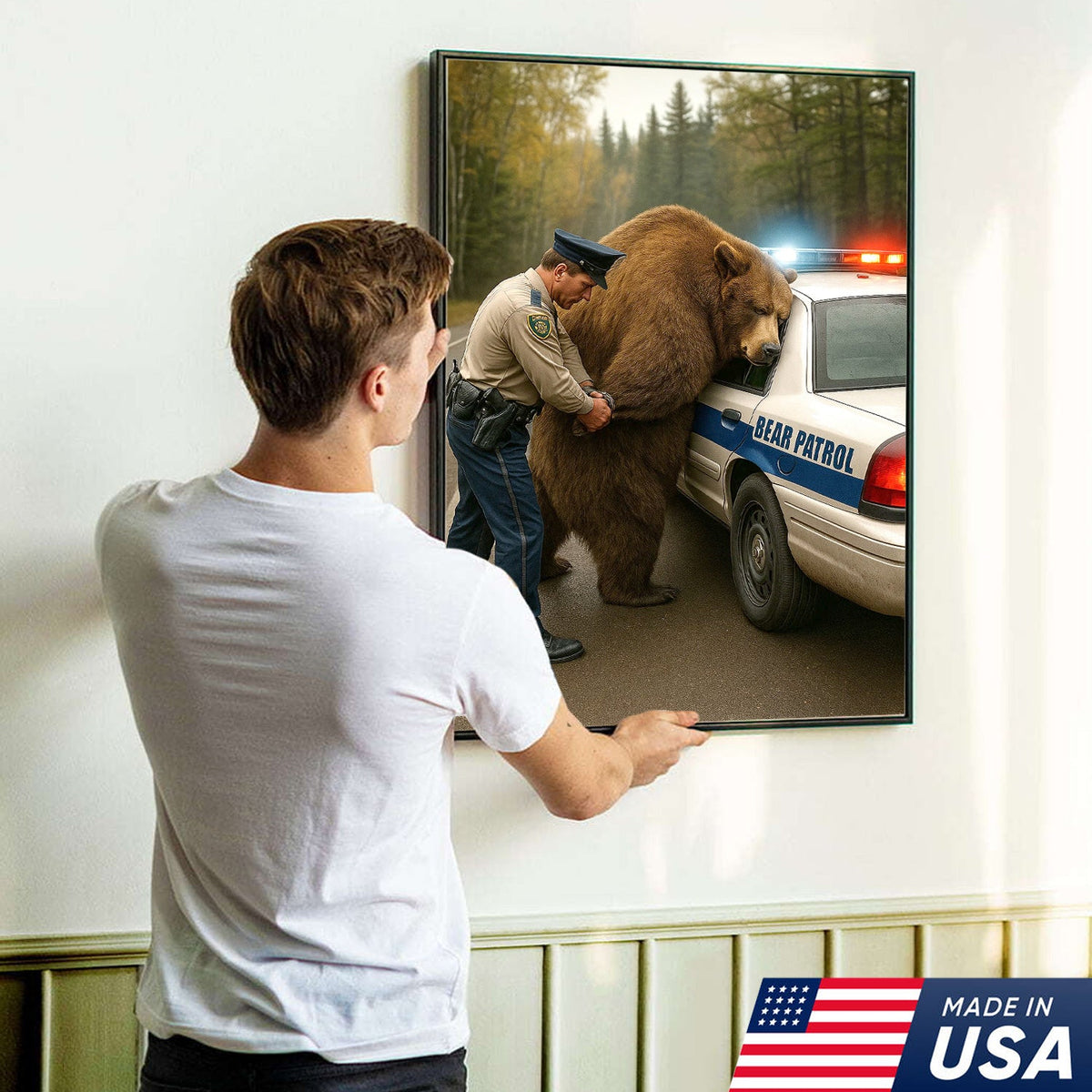 Funny Bear Patrol Canvas Wall Art, Humorous Wildlife Police Artwork, Rustic Cabin Decor