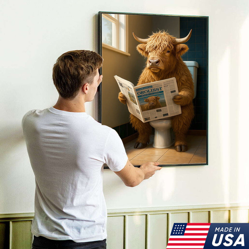 Highland Cow Bathroom Canvas Wall Art, Funny Farmhouse Restroom Decor