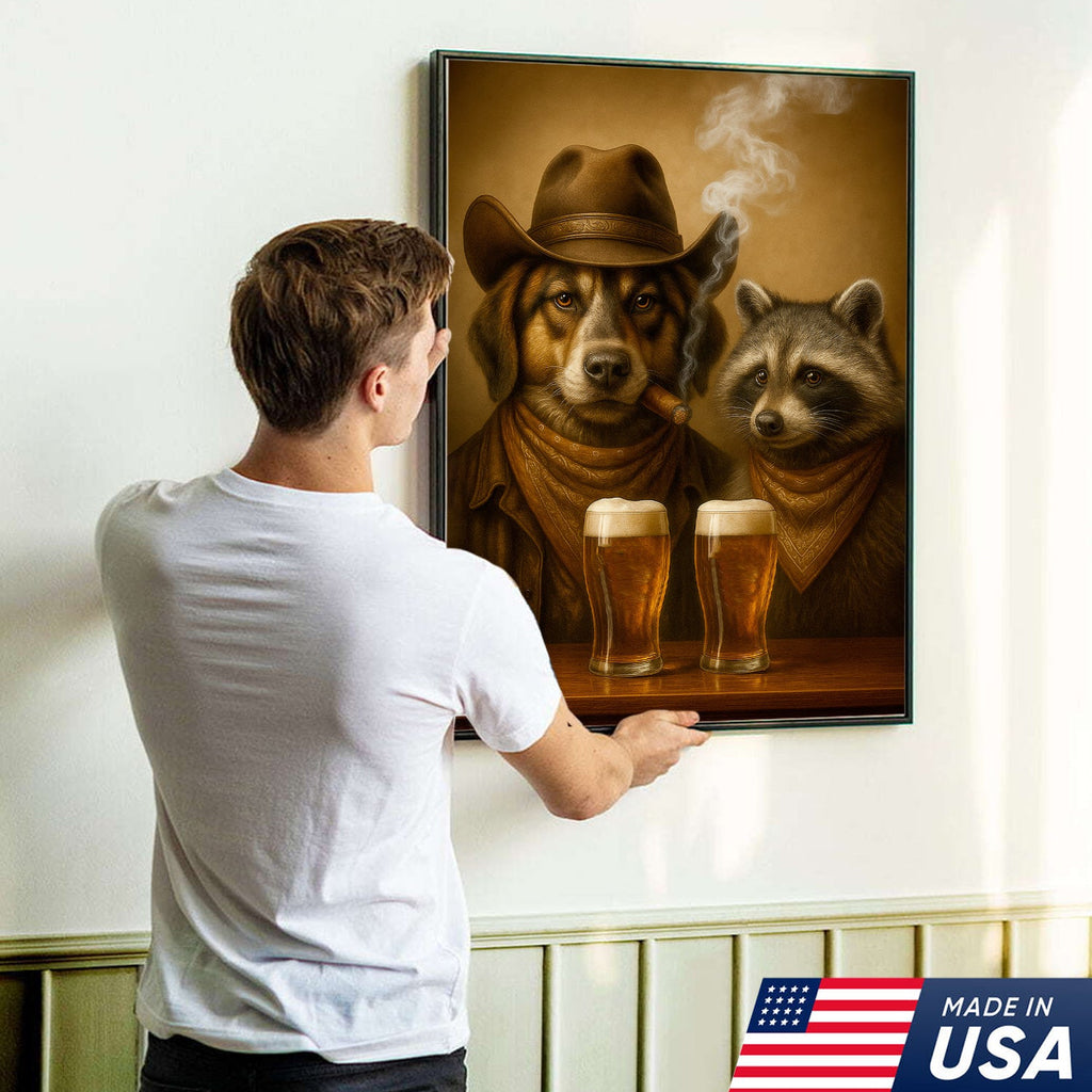 Funny Dog & Raccoon Cowboy Canvas Wall Art – Funny Western Beer Decor for Hunters