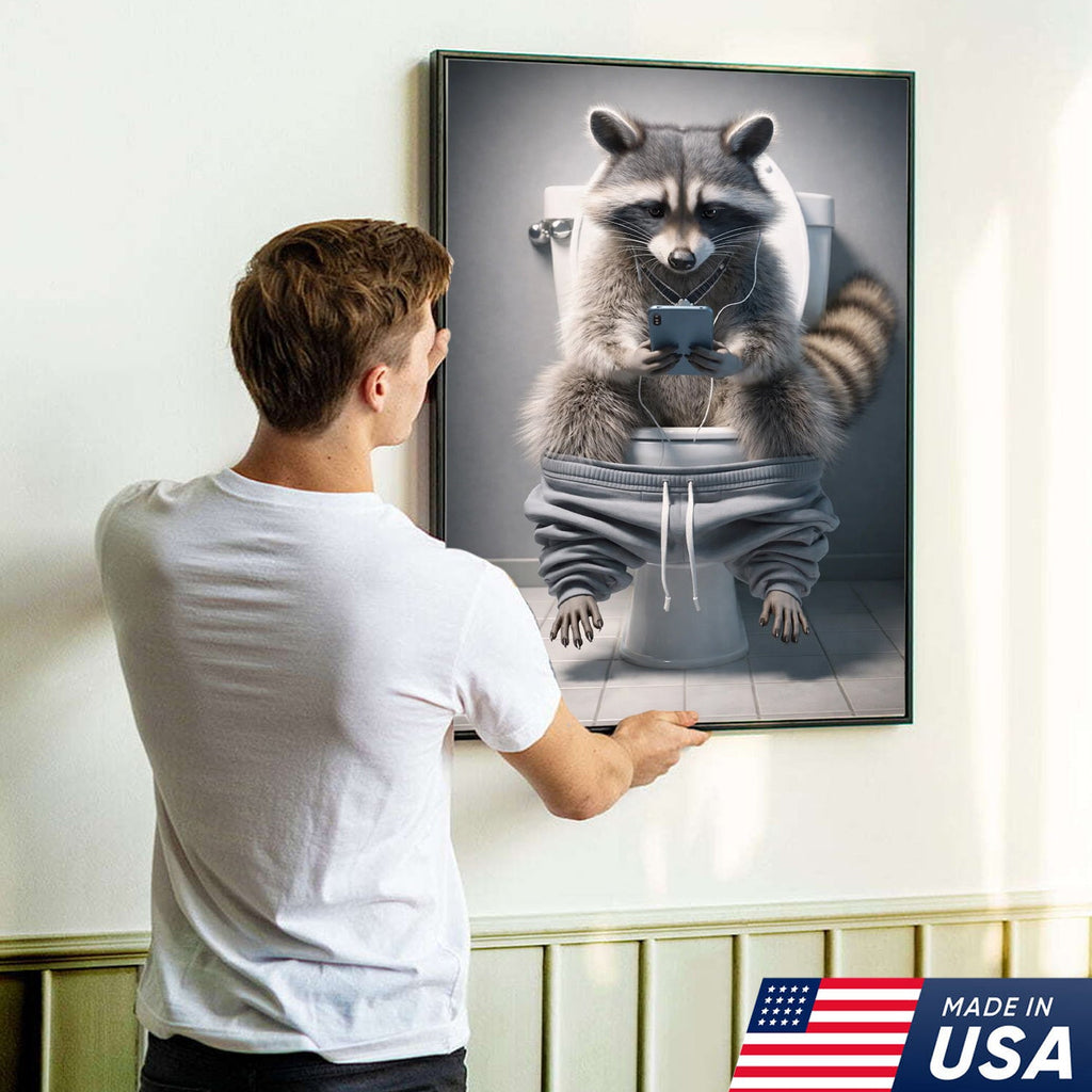 Funny Raccoon Toilet Canvas, Bathroom Humor Wall Art, Animal Decor