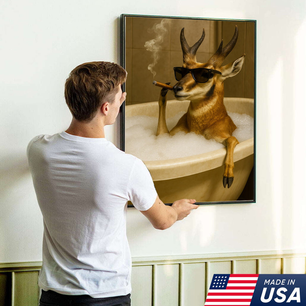 Funny Pronghorn Antelope Smoking Canvas Wall Art – Cool Bathtub & Cigar Gift for Hunters