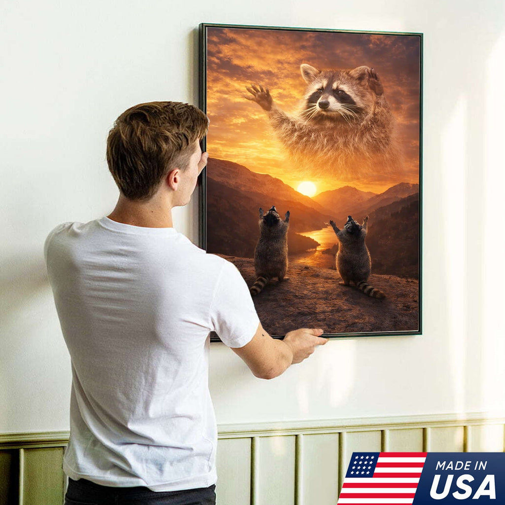 Funny Raccoon God Sunset Canvas Wall Art, Raccoon Worship Mountain Landscape