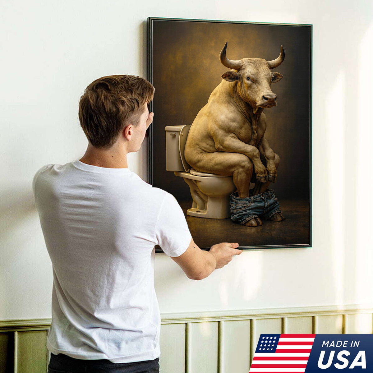 Funny Bull on Toilet Wall Art Canvas – Hilarious Farmhouse Bathroom Decor for Men & Guests