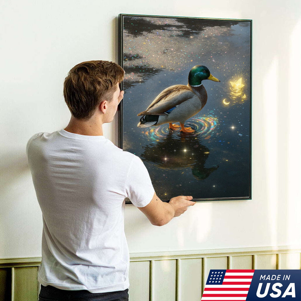 Magical Duck Canvas Art – Enchanted Night Water Scene with Glowing Stars