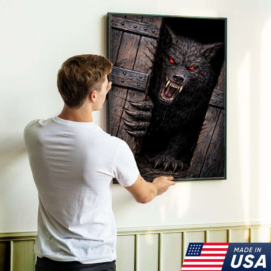 Angry Red Eyes Werewolf Canvas Wall Art, Dark Horror Wolf Monster Illustration