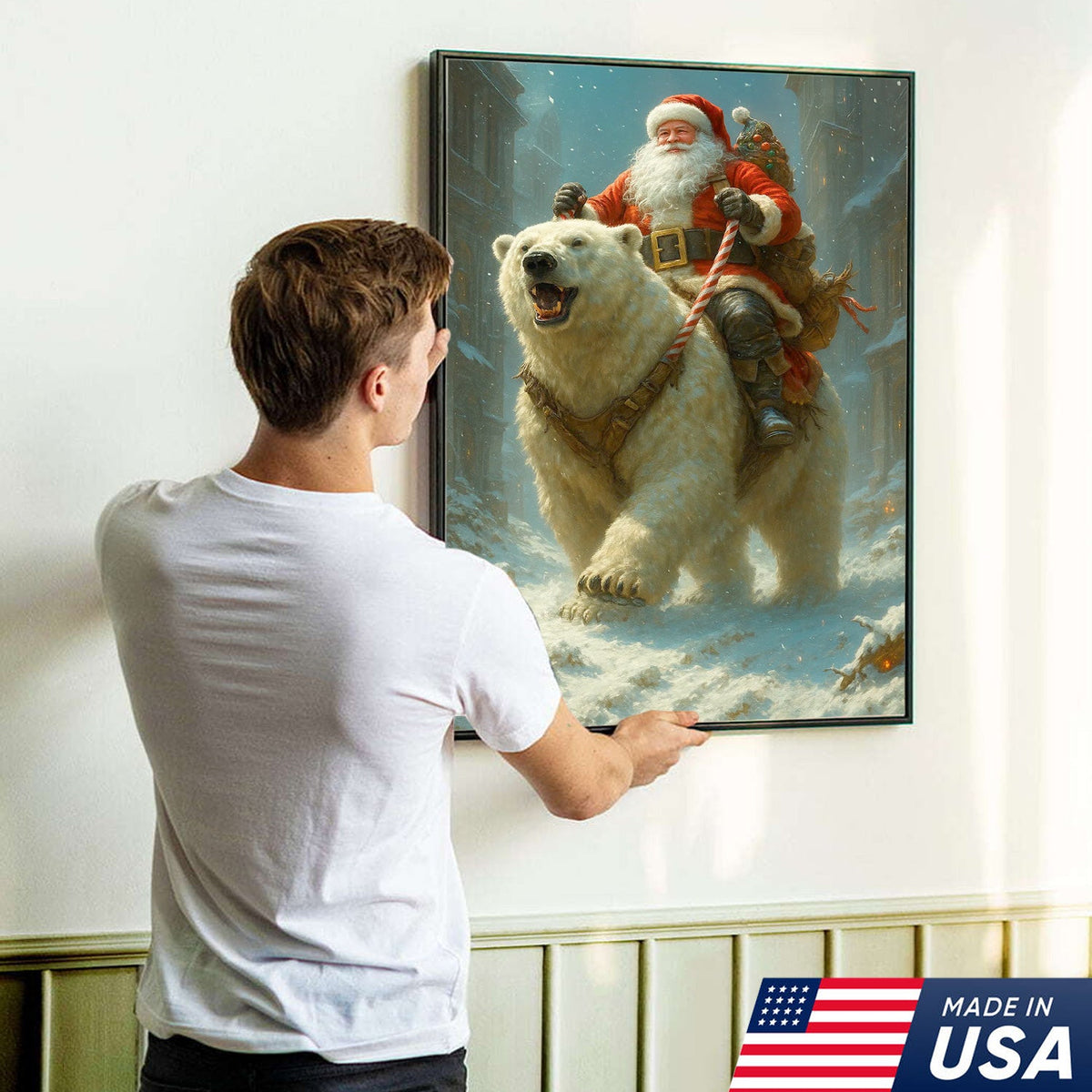 Santa Riding Polar Bear Canvas Wall Art, Epic Christmas Adventure Santa Print