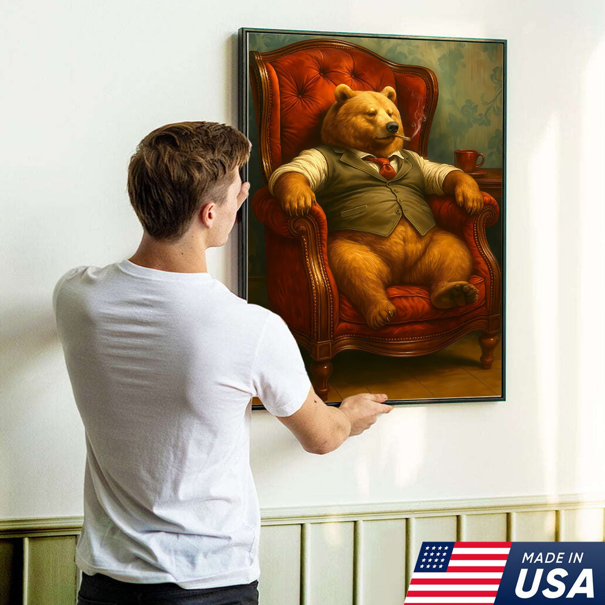 Gentleman Bear Sitting in Chair Canvas Art – Funny Gift for Men Who Love Class & Chill Vibes