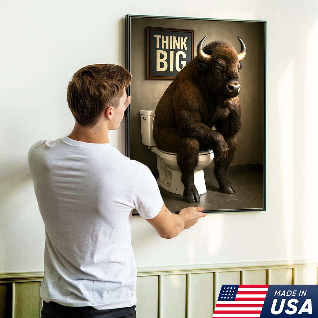 Funny Buffalo Bathroom Wall Art – Think Big Bison Canvas, Rustic Farmhouse Animal Decor
