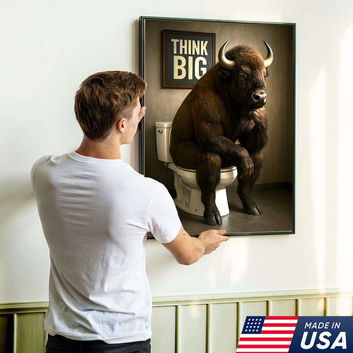 Funny Buffalo Bathroom Wall Art – Think Big Bison Canvas, Rustic Farmhouse Animal Decor