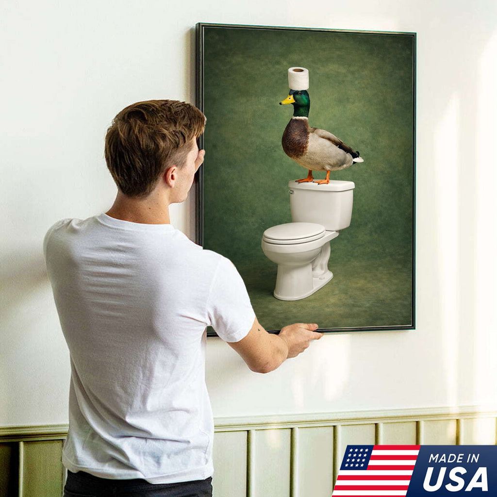 Funny Duck Bathroom Wall Art, Duck on Toilet Bathroom Canvas