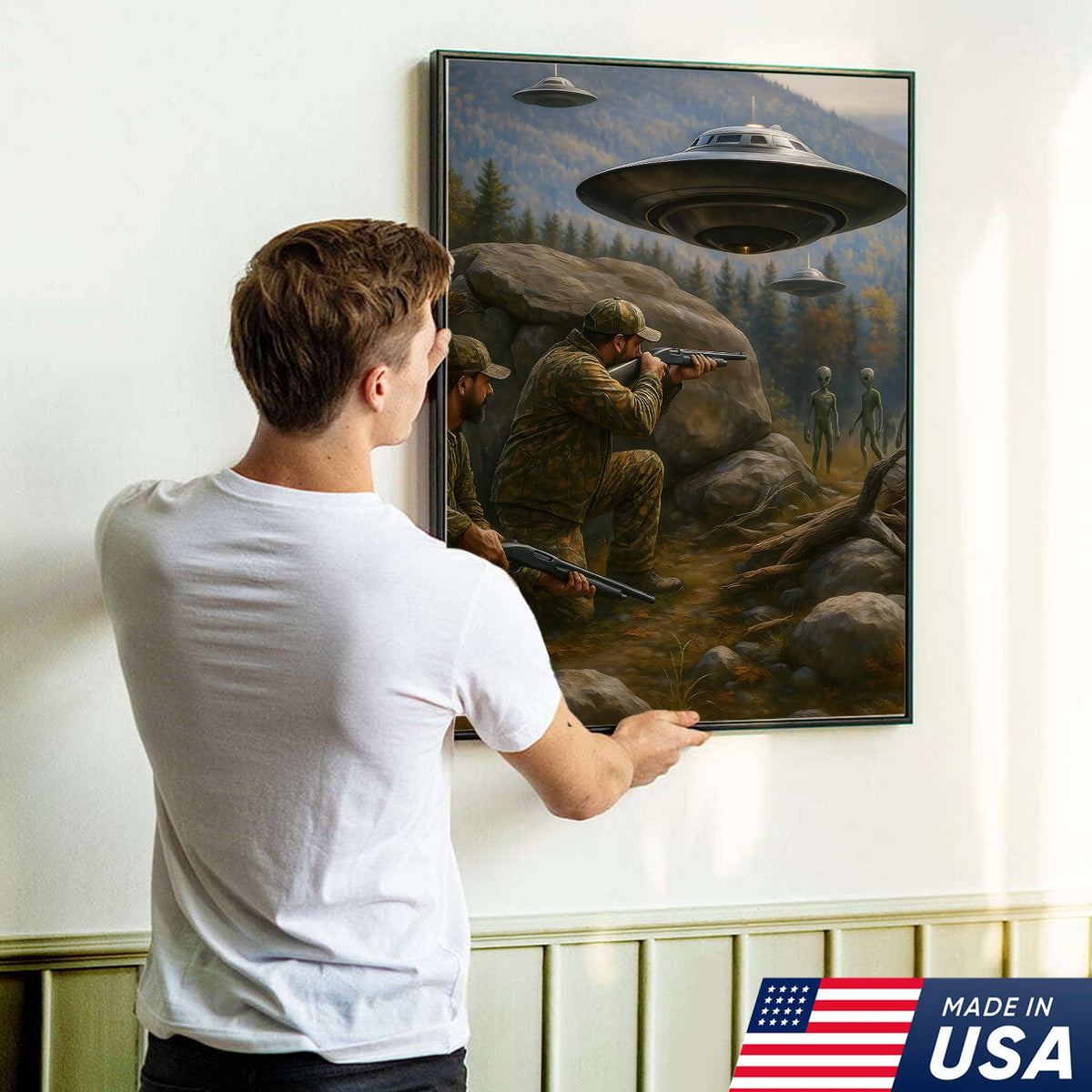 Alien Encounter Hunting Canvas Wall Art, Funny Hunters vs UFO Scene