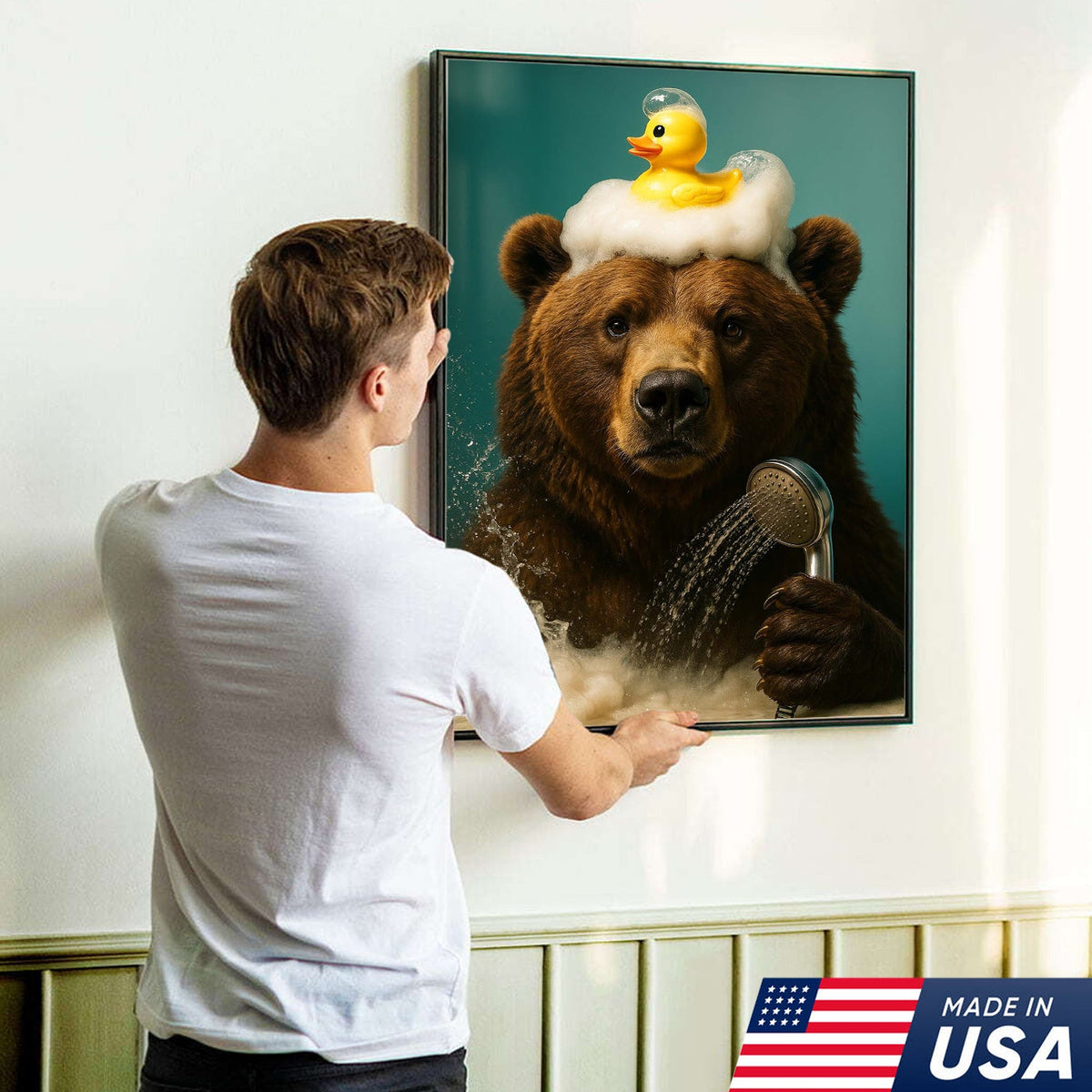 Funny Bear Bathroom Wall Art Canvas – Cute Bear Bubble Bath with Rubber Duck