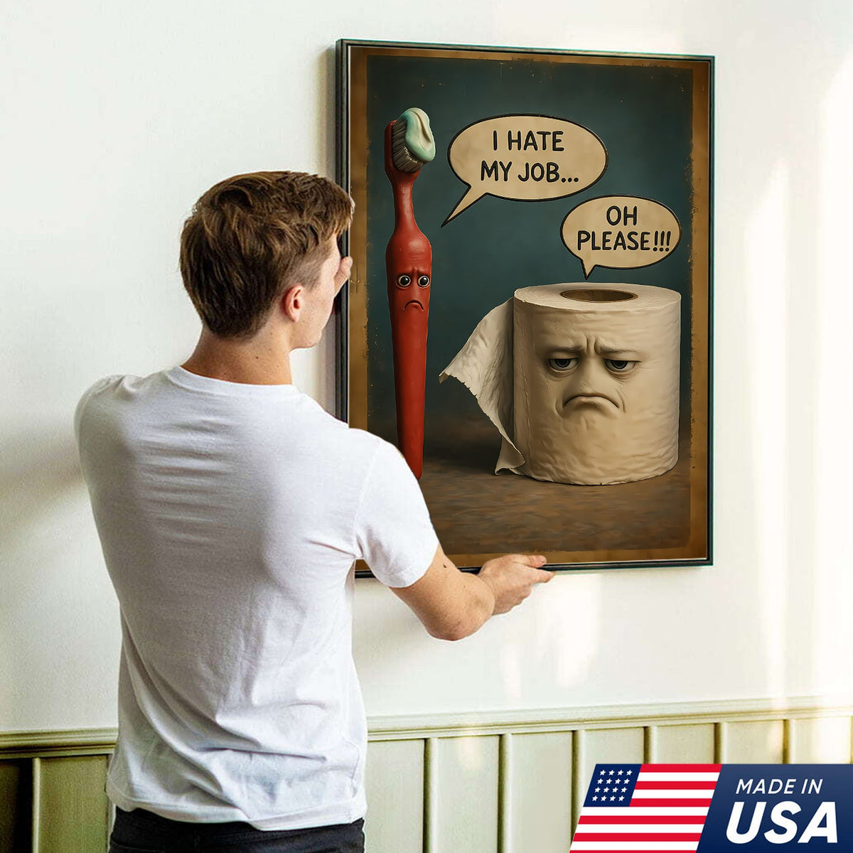 Funny Bathroom Humor Canvas Wall Art, Talking Toothbrush and Toilet Paper Print