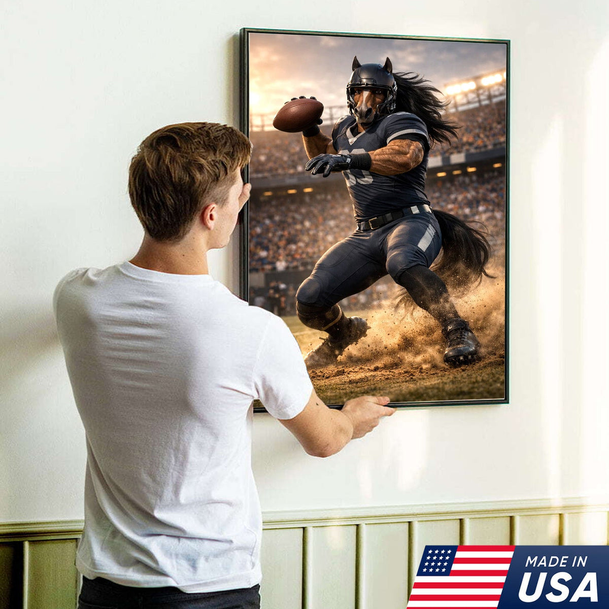Dark Stallion Football Canvas Wall Art – Powerful Horse Athlete Stadium Action Print