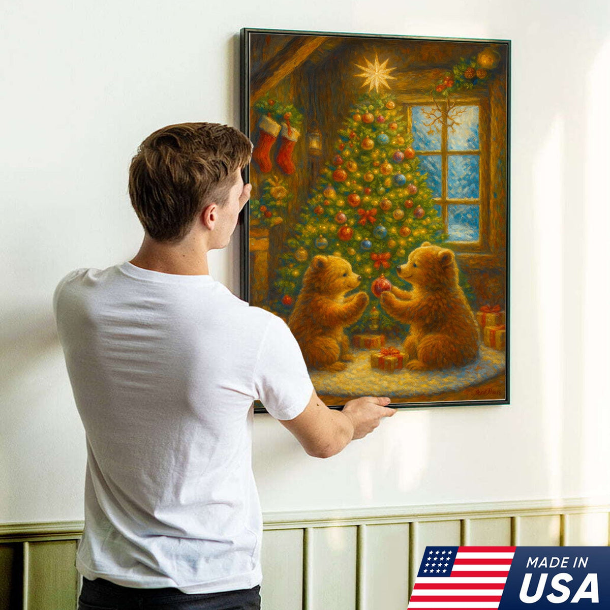 Christmas Bear Cubs Wall Art Canvas — Cozy Holiday Tree Scene, Cute Winter Animal Wall Decor