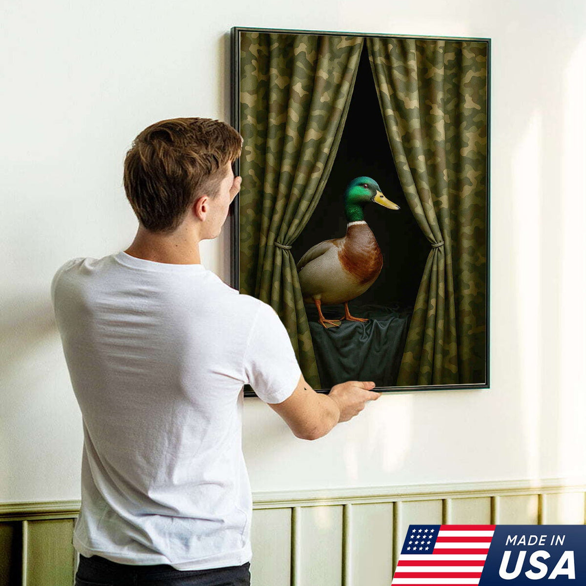 Duck Behind Camo Curtain Canvas Wall Art, Funny Hunting Lodge Decor, Rustic Wildlife Artwork