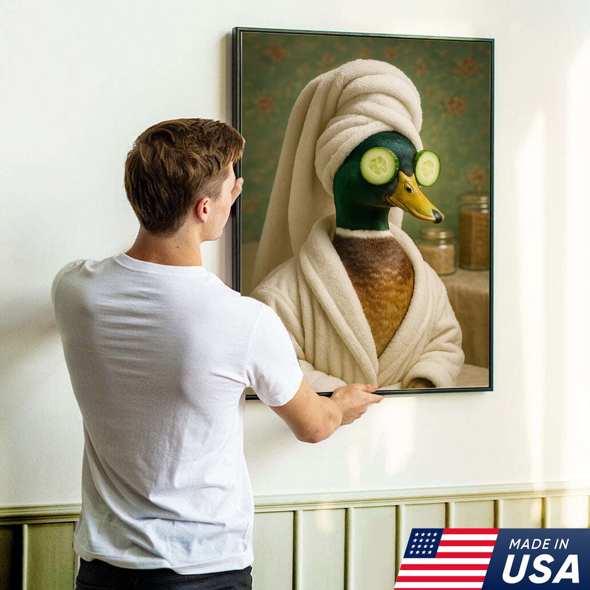 Spa Day Duck Canvas Wall Art, Funny Bathroom Spa Decor, Mallard in Robe with Cucumber Eyes